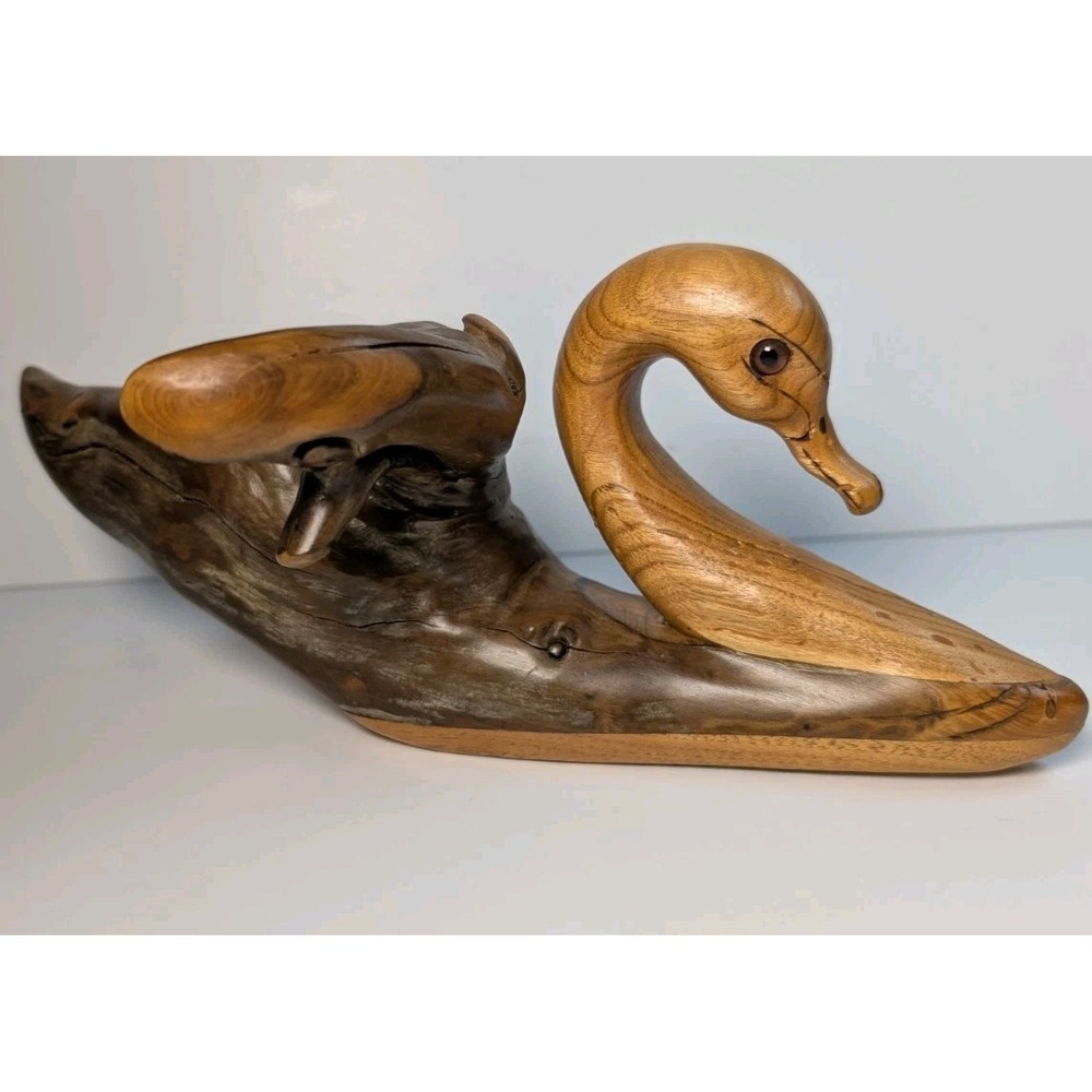 Vtg Tundra Swan Wood Hand Carved Driftwood By N. A.‎ Needham Canada Laberge Lake